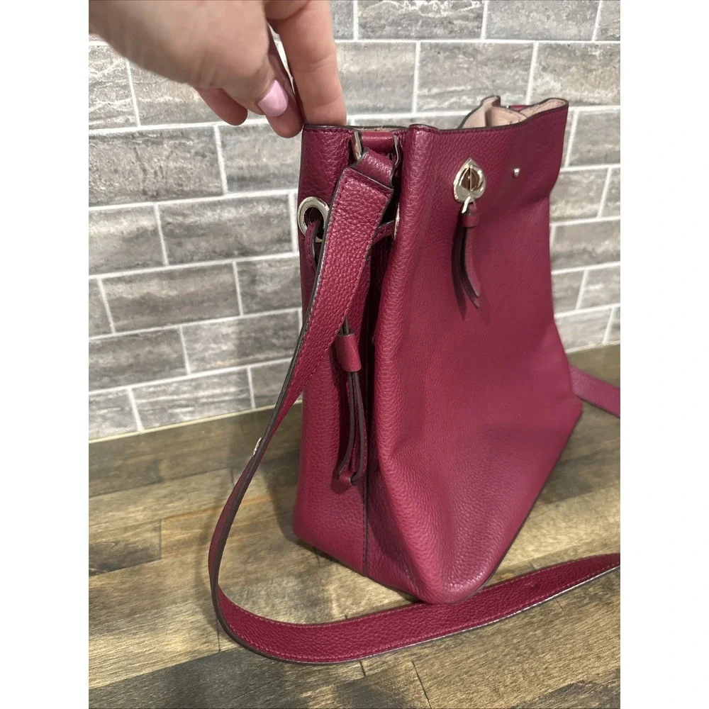 Kate Spade Marti Shoulder Bucket Drawstring Bag Deep‎ Berry Pebbled Leather